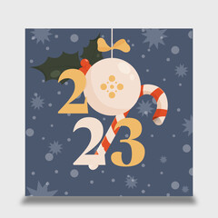 Christmas and New Year 2023 greeting card with christmas balls. Vector illustration concepts for graphic and web design, social media banner, marketing material.