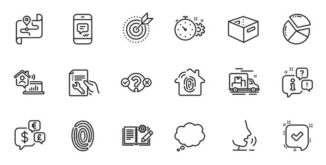 Outline set of Pie chart, Quiz test and Fingerprint access line icons for web application. Talk, information, delivery truck outline icon. Include Cogwheel timer, Map, Money currency icons. Vector