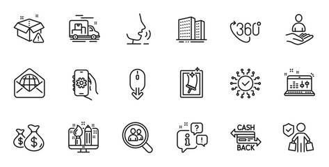 Outline set of Buildings, Web mail and 360 degree line icons for web application. Talk, information, delivery truck outline icon. Include Window cleaning, Creative design, Scroll down icons. Vector