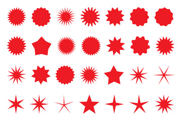 Set of red star or sun shaped sale stickers. Promotional sticky notes and labels.