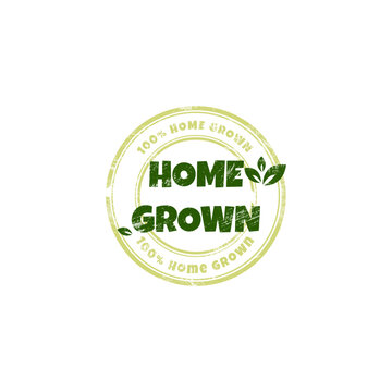 Home grown products sticker, label, badge and logo with grunge texture. Ecology icon. Logo template with green leaves for home grown products. Vector illustration