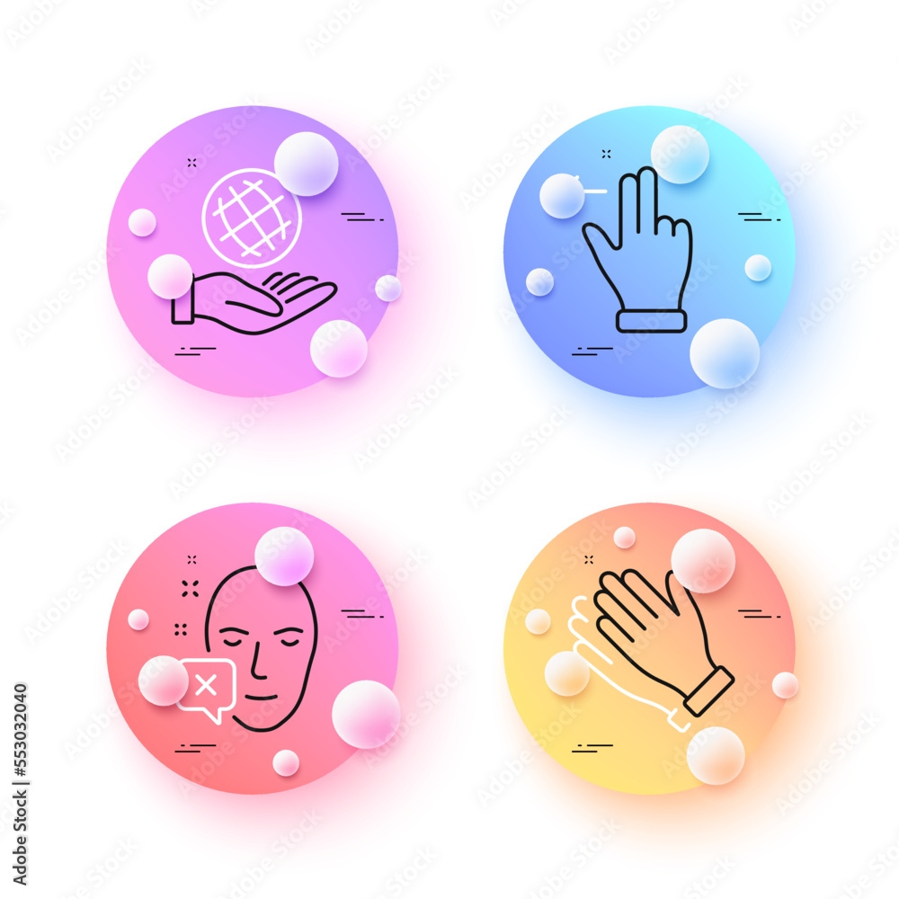 Poster face declined, touchscreen gesture and clapping hands minimal line icons. 3d spheres or balls button