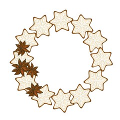 Christmas sweet Wreath with cookies, cupcake, cinnamon sticks, orange, anise star. Packaging design