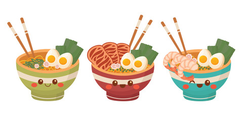 Doodle clipart. A bowl of delicious ramen, Asian traditional food. All objects are repainted.