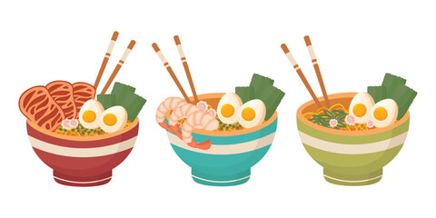 Doodle clipart. A bowl of delicious ramen, Asian traditional food. All objects are repainted.