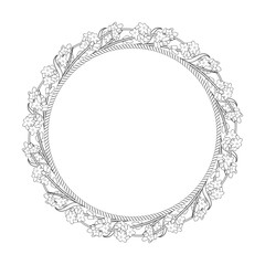 Round frame of rope with branches and flowers of lavender. Black and white vector illustration on a white background.