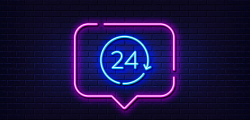 Neon light speech bubble. 24 hours time line icon. Clock sign. Watch symbol. Neon light background. 24 hours glow line. Brick wall banner. Vector