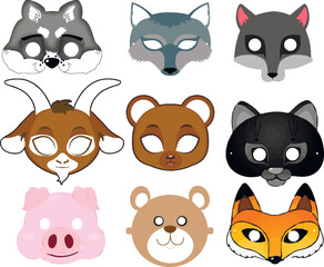 Children's New Year's animal masks: wolf, fox, bear, goat, pig