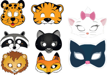 Children's New Year masks of wild animals: tiger, lion, raccoon, panther, cat, fox