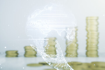 Obraz premium Multi exposure of abstract graphic world map hologram on growing coins stacks background, connection and communication concept