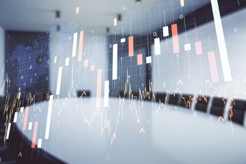 Abstract creative financial graph and world map on a modern coworking room background, financial...