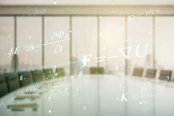 Scientific formula illustration on a modern coworking room background, science and research concept. Multiexposure