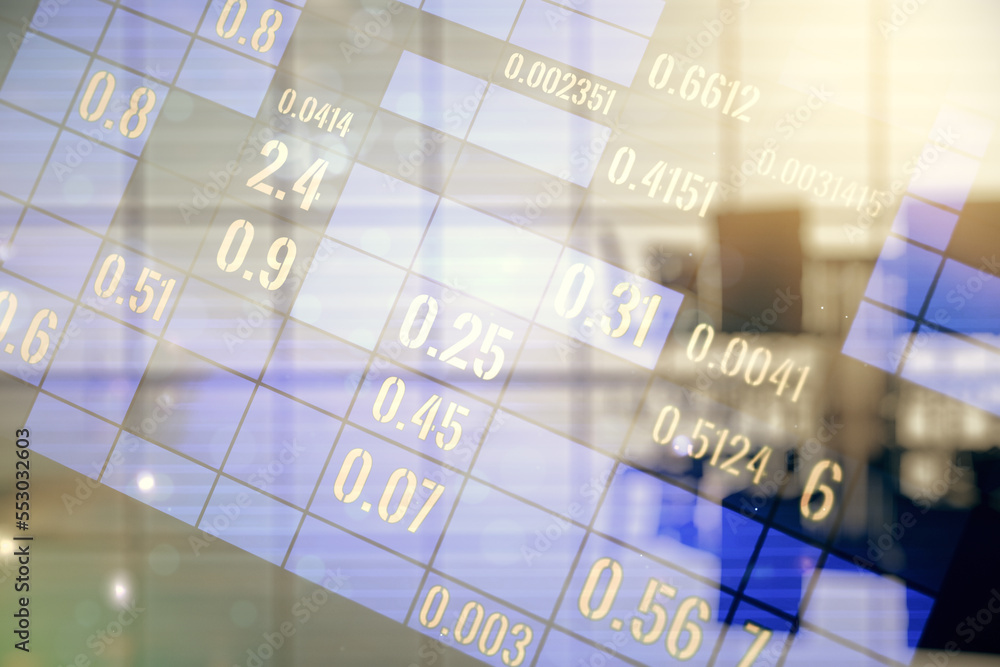 Poster multi exposure of abstract statistics data hologram interface on a modern furnished office interior 