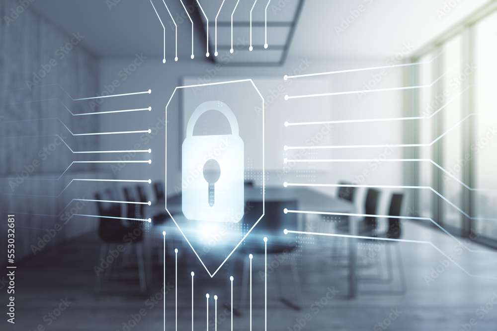 Poster double exposure of virtual creative lock hologram with chip on a modern meeting room background. inf