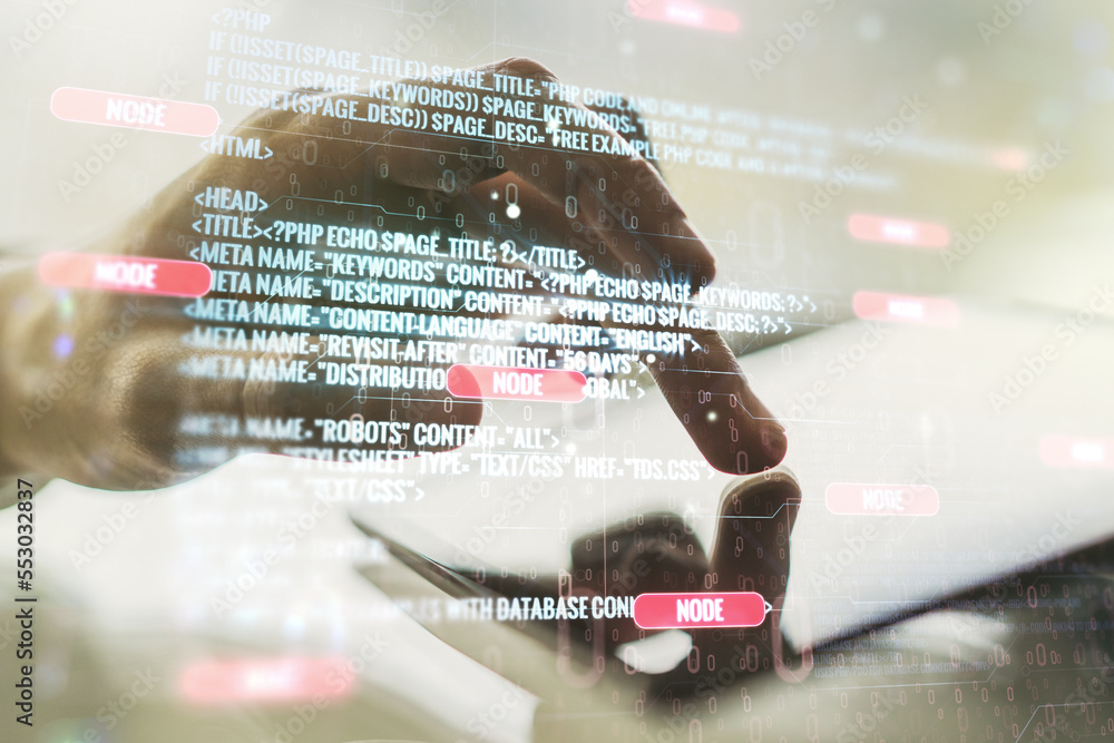 Aufkleber double exposure of abstract programming language hologram with finger clicks on a digital tablet on 