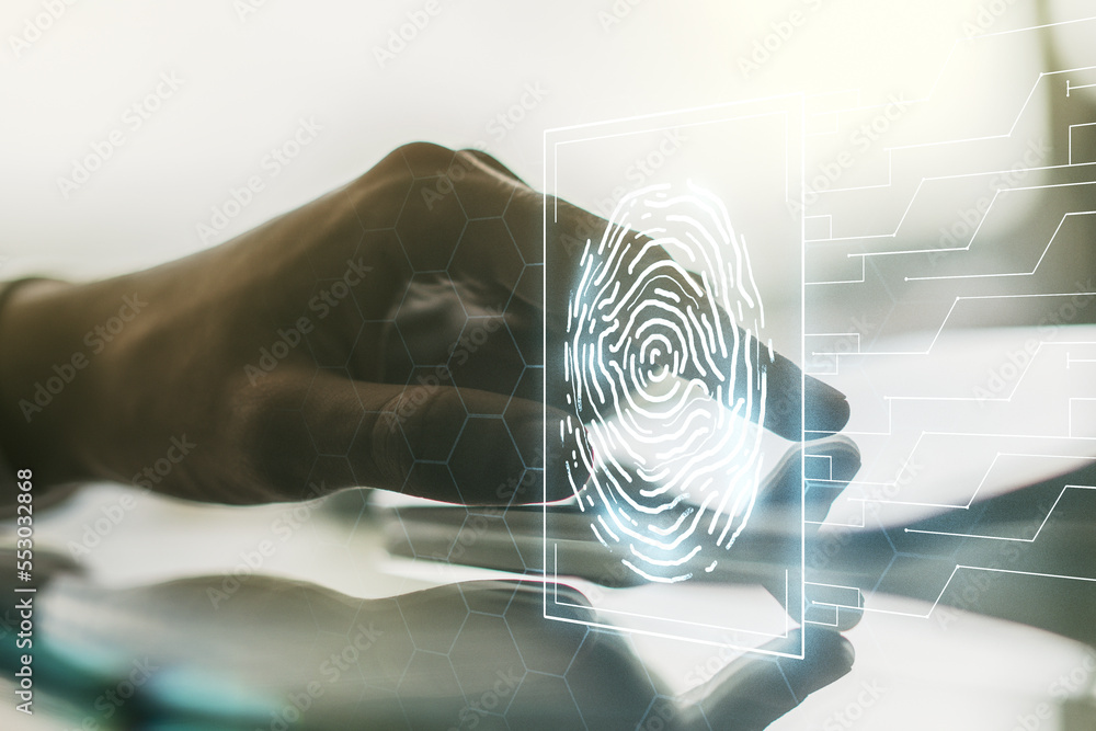 Poster multi exposure of abstract fingerprint scan interface and hand working with a digital tablet on back