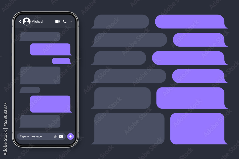 Aufkleber realistic smartphone with messaging app. blank sms text frame. conversation chat screen with violet 