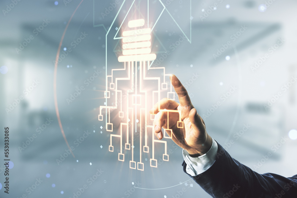 Poster man hand working with virtual creative idea concept with light bulb and microcircuit illustration on