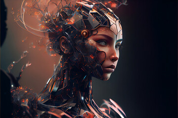 Portrait of a female cyborg robot. Concept for Artififial Intelligence. Designed using Generative AI - obrazy, fototapety, plakaty