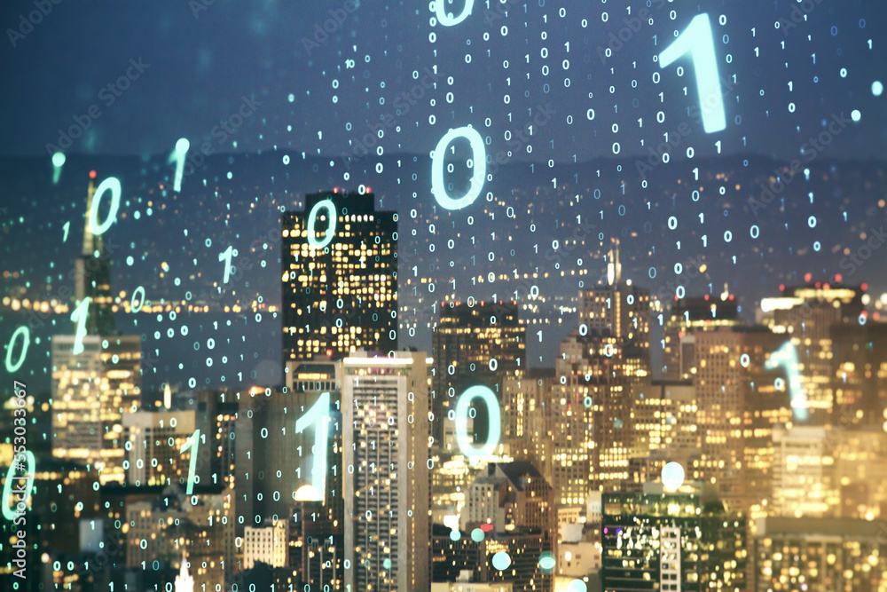 Leinwandbilder Abstract virtual binary code sketch on San Francisco office buildings background, hacking and matrix concept. Multiexposure