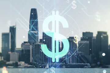 Virtual USD symbols illustration on San Francisco skyline background. Trading and currency concept. Multiexposure