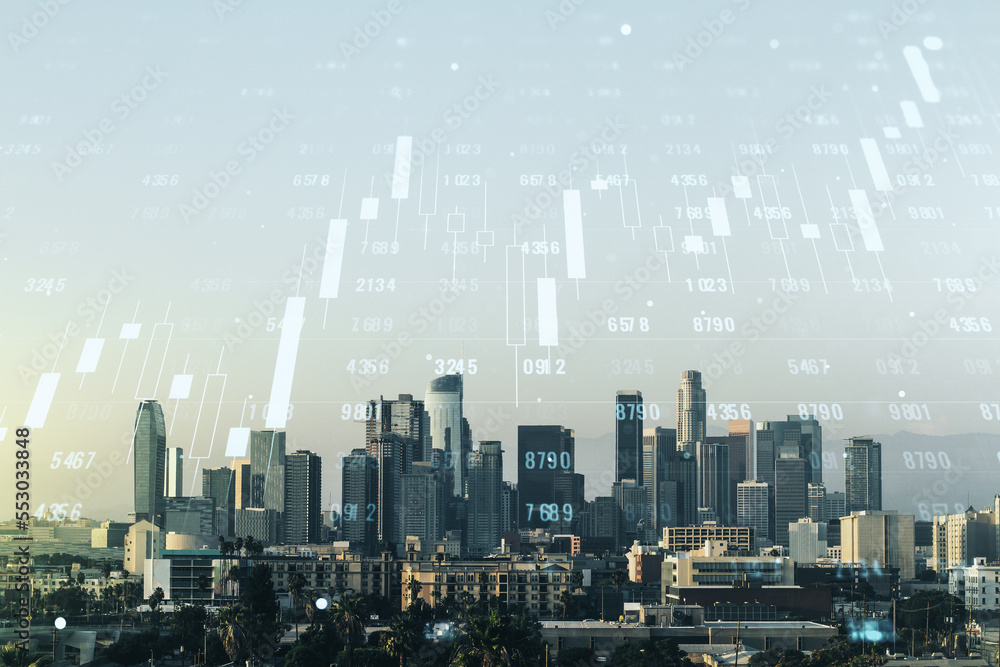 Poster multi exposure of abstract statistics data hologram interface on los angeles office buildings backgr
