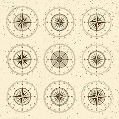 Vintage marine wind rose, nautical chart. Monochrome navigational compass with cardinal directions of North, East, South, West and degree markings. Geographical position, cartography and navigation.