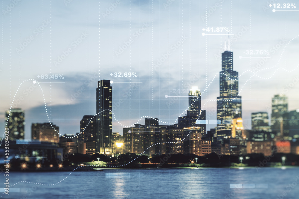 Poster multi exposure of abstract virtual graphic data spreadsheet sketch on chicago cityscape background, 