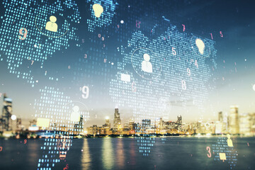 Double exposure of social network icons hologram and world map on Chicago city skyscrapers background. Marketing and promotion concept
