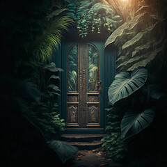 closed door in the forest. secret door into the jungle