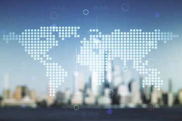 Multi exposure of abstract graphic world map on blurry skyscrapers background, big data and networking concept