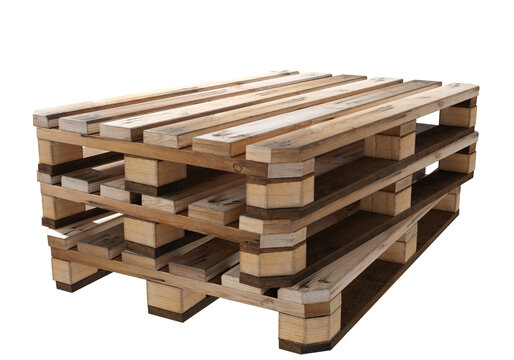 Pallets for storage process. Euro standard pallets with beveled corners. Three wooden platforms are located on top of each other. Pallets for transportation isolated on white. 3d rendering.