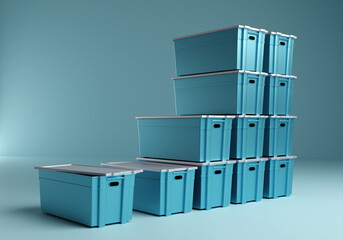 Plastic boxes. Turquoise Boxes for storing and transporting things. Plastic chests with lids. Container for long-term storage. Plastic boxes are stacked on top of each other. 3d rendering.