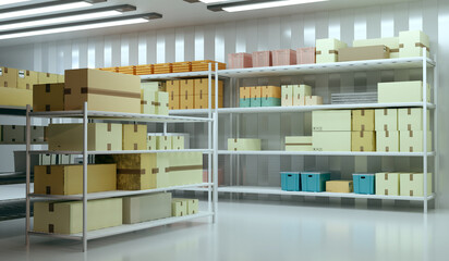 Pantry interior. Room with boxes on shelves. Pantry room with storage applications. Small warehouse with lamps under ceiling. Storage room interior for small business. Pantry various boxes. 3d image