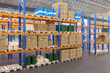 Logistic warehouse. Storeroom with barrels and boxes on racks. Logistics warehouse building inside view. Hangar with shelves filled with goods. Logistics warehouse of industrial company. 3d image.
