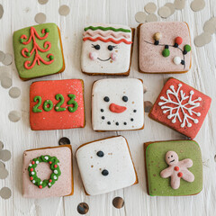 Small gingerbread cookies. New Year 2023. Drawings of a snowman, Christmas tree, wreath, snowflake, garland and others. Christmas present and treat.