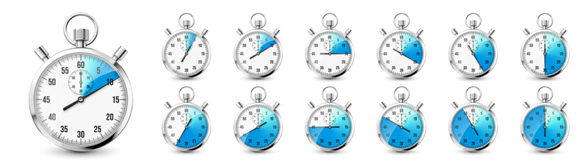 Realistic classic stopwatch icons. Shiny metal chronometer, time counter with dial. Blue countdown timer showing minutes and seconds. Time measurement for sport, start and finish. Vector illustration