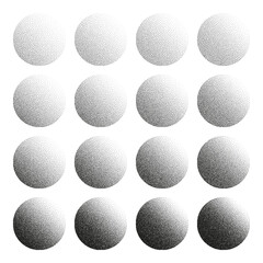 Round shaped dotted objects, stipple elements. Fading gradient. Stippling, dotwork drawing, shading using dots. Pixel disintegration, halftone effect. White noise grainy texture. Vector illustration