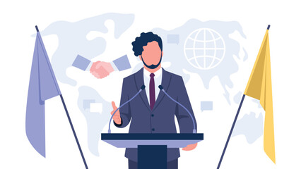 Vector illustration of diplomat. Cartoon scene with a guy who speaks at meetings of world leaders and makes peace on white background.