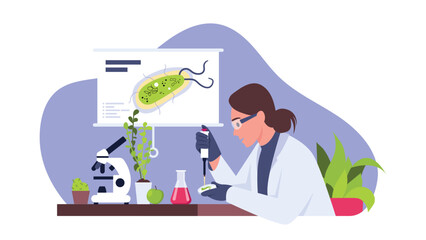Fototapeta na wymiar Vector illustration of biologists. Cartoon scene with a science girl who studies microorganisms under a microscope on white background.