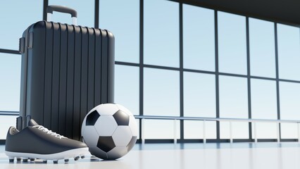 3D rendering of black travel suitcase with soccer ball and cleat in front on airport styled background with copy space.