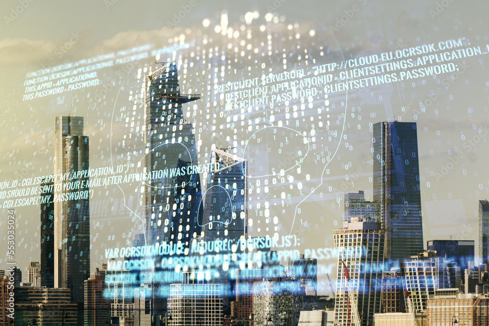 Poster abstract virtual code skull hologram on new york cityscape background, cybercrime and hacking concep