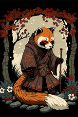 Illustration of red panda in Japanese ink style 
