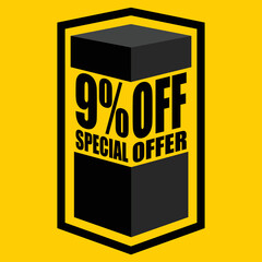 Vector illustration of black open box with lettering saying "9% off special offer", design for 9% discount, with yellow background.