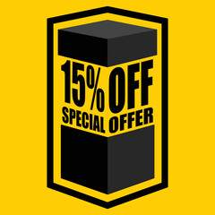 Vector illustration of black open box with lettering saying "15% off special offer", design for 15% discount, with yellow background.