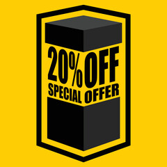 Vector illustration of black open box with lettering saying "20% off special offer", design for 20% discount, with yellow background.