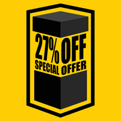 Vector illustration of black open box with lettering saying "27% off special offer", design for 27% discount, with yellow background.