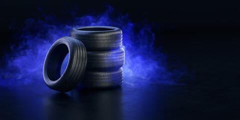 New tires pile with blue smoke on black background - 3d rendering of car tires. Auto service, Tyres stack change, Tyre shop concept .