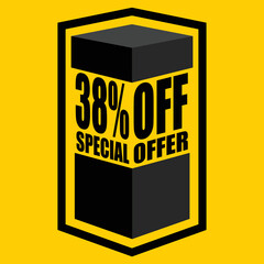 Vector illustration of black open box with lettering saying "38% off special offer", design for 38% discount, with yellow background.