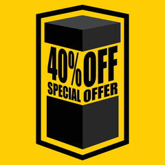 Vector illustration of black open box with lettering saying "40% off special offer", design for 40% discount, with yellow background.
